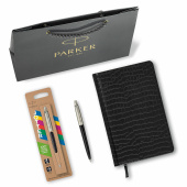 Ручка шариковая PARKER "Jotter Plastic CT", корпус черный, ежедневник А5 черный, золотой срез, пакет, 880894 за 2 142 ₽. Ручки шариковые подарочные.  Доставка по РФ. Без переплат!