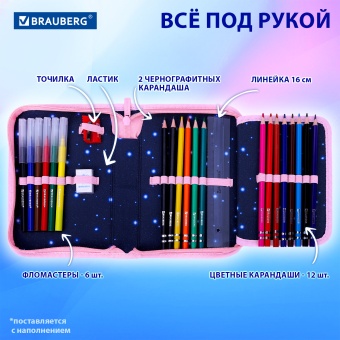 Пенал BRAUBERG с наполнением, 1 отделение, 1 откидная планка, 24 предмета, 21х14 см, "Кот с бабочками", 273530 за 622 ₽. Пеналы с наполнением. Доставка по России. Без переплат!