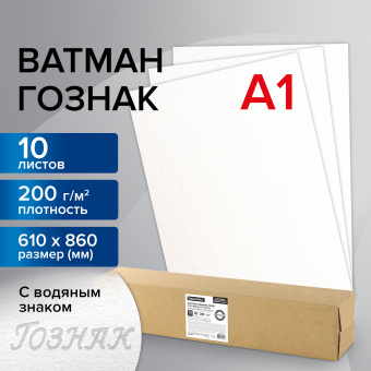 Ватман формат А1 (610х860 мм) ГОЗНАК С-Пб, плотность 200 г/м2, КОМПЛЕКТ 10 л., водяной знак, BRAUBERG, 880775 за 525 ₽. Ватман. Доставка по России. Без переплат!