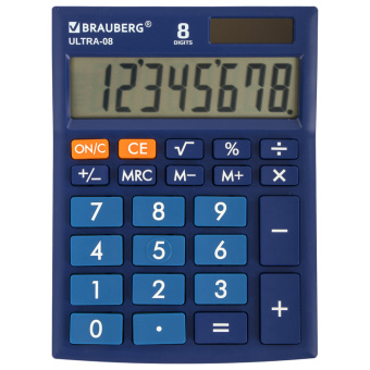 Калькулятор настольный BRAUBERG ULTRA-08-BU, КОМПАКТНЫЙ (154x115 мм), 8 разрядов, двойное питание, СИНИЙ, 250508 за 475 ₽. Калькуляторы настольные. Доставка по России. Без переплат!