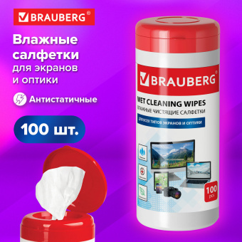 Салфетки для экранов всех типов и оптики BRAUBERG, туба 100 шт., влажные, 510122 за 223 ₽. Чистящие салфетки для техники. Доставка по России. Без переплат!