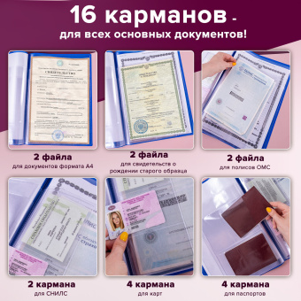 Папка для семейных документов с файлами (паспорта, свидетельства, полисы, СНИЛС) STAFF, 16 отделений, ПВХ, синяя, 237806 за 486 ₽. Папки для семейных документов. Доставка по России. Без переплат!