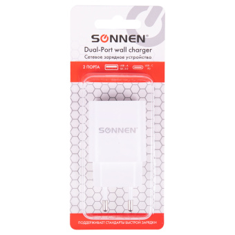 Зарядное устройство быстрое сетевое (220 В) SONNEN, USB QC 3.0 + Type-C PD 20 Вт, 3 А, белое, 455505 за 683 ₽. Зарядные устройства для портативной электроники. Доставка по России. Без переплат!