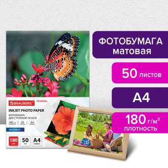 Фотобумага матовая, А4, 180 г/м2, односторонняя, 50 листов, BRAUBERG ORIGINAL, 363987 за 458 ₽. Фотобумага. Доставка по России. Без переплат!