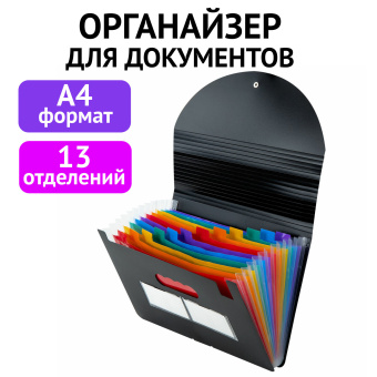 Папка-органайзер для бумаг и документов на резинке, 13 отделений, BRAUBERG DOCS, А4, черная, 271152 за 586 ₽. Папки пластиковые с отделениями. Доставка по России. Без переплат!