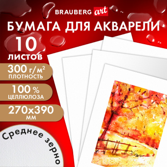 Бумага для акварели 300 г, 270x390 мм, среднее зерно, 10 листов, BRAUBERG ART PREMIERE, 115335 за 354 ₽. Альбомы и бумага для акварели и масла. Доставка по России. Без переплат!