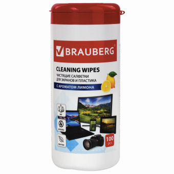 Салфетки для экранов всех типов и пластика BRAUBERG с ароматом "ЛИМОН", туба 100 шт., влажные, 511688 за 170 ₽. Чистящие салфетки для техники. Доставка по России. Без переплат!