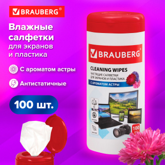 Салфетки для экранов всех типов и пластика BRAUBERG с ароматом "АСТРА", в тубе 100 шт., влажные, 511689 за 170 ₽. Чистящие салфетки для техники. Доставка по России. Без переплат!