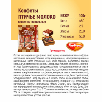 Конфеты шоколадные РОТ ФРОНТ "Птичье молоко", суфле, сливочно-ванильные, 225 г, пакет, РФ09922 за 241 ₽. Конфеты фасованные. Доставка по России. Без переплат!