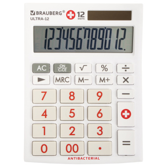 Калькулятор настольный BRAUBERG ULTRA-12-WAB (192x143 мм), 12 разрядов, двойное питание, антибактериальное покрытие, БЕЛЫЙ, 250506 за 750 ₽. Калькуляторы настольные. Доставка по России. Без переплат!