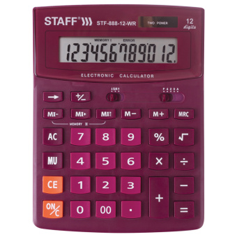 Калькулятор настольный STAFF STF-888-12-WR (200х150 мм) 12 разрядов, двойное питание, БОРДОВЫЙ, 250454 за 651 ₽. Калькуляторы настольные. Доставка по России. Без переплат!