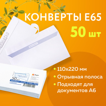 Конверты Е65 (110х220 мм), отрывная лента, белые, КОМПЛЕКТ 50 шт., внутренняя запечатка, Е65.10.50С за 166 ₽. Конверты почтовые. Доставка по России. Без переплат!