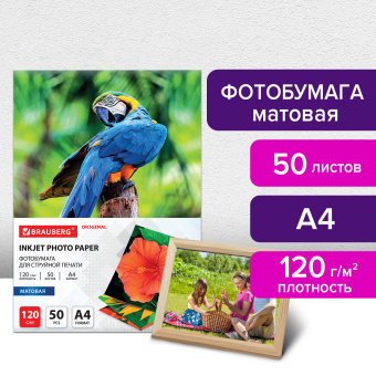 Фотобумага матовая, А4, 120 г/м2, односторонняя, 50 листов, BRAUBERG ORIGINAL, 363981 за 275 ₽. Фотобумага. Доставка по России. Без переплат!