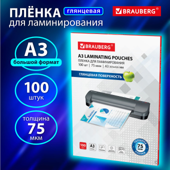 Пленки-заготовки для ламинирования БОЛЬШОГО ФОРМАТА, А3, КОМПЛЕКТ 100 шт., 75 мкм, BRAUBERG, 530894 за 1 216 ₽. Пакеты для ламинирования. Доставка по России. Без переплат!