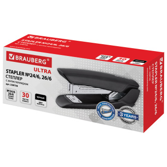 Степлер №24/6, 26/6 BRAUBERG "ULTRA", до 30 листов, с антистеплером, черный, 228756 за 180 ₽. Степлеры настольные. Доставка по России. Без переплат!