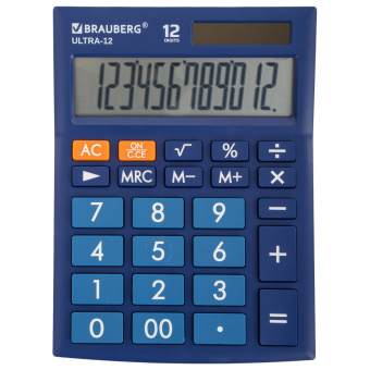Калькулятор настольный BRAUBERG ULTRA-12-BU (192x143 мм), 12 разрядов, двойное питание, СИНИЙ, 250492 за 750 ₽. Калькуляторы настольные. Доставка по России. Без переплат!