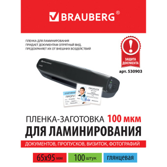 Пленки-заготовки для ламинирования МАЛОГО ФОРМАТА (65х95 мм), КОМПЛЕКТ 100 шт., 100 мкм, BRAUBERG, 530903 за 108 ₽. Пакеты для ламинирования. Доставка по России. Без переплат!