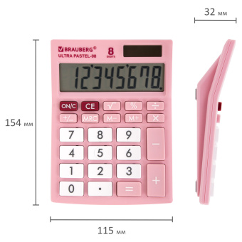 Калькулятор настольный BRAUBERG ULTRA PASTEL-08-PK, КОМПАКТНЫЙ (154x115 мм), 8 разрядов, двойное питание, РОЗОВЫЙ, 250514 за 618 ₽. Калькуляторы настольные. Доставка по России. Без переплат!