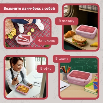 Ланч-бокс контейнер, 2 секции, 3+1 отделения, 1,4 л, ложка, вилка, 7х21х14 см, розовый, JOYLUX (ДЖОЙЛЮКС), 609348 за 627 ₽. Контейнеры для хранения и СВЧ. Доставка по России. Без переплат!