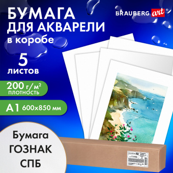 Бумага для акварели А1 (600х850 мм), КОМПЛЕКТ 5 листов, среднее зерно, 200 г/м2, ГОЗНАК, BRAUBERG ART CLASSIC, 114488 за 534 ₽. Альбомы и бумага для акварели и масла. Доставка по России. Без переплат!
