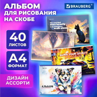 Альбом для рисования А4, 40 листов, скоба, обложка картон, BRAUBERG, 203х288 мм, "МИКС-1", 107114 за 80 ₽. Альбомы и папки для рисования. Доставка по России. Без переплат!