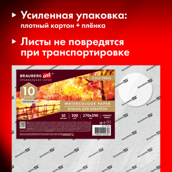 Бумага для акварели 300 г, 270x390 мм, среднее зерно, 10 листов, BRAUBERG ART PREMIERE, 115335 за 354 ₽. Альбомы и бумага для акварели и масла. Доставка по России. Без переплат!