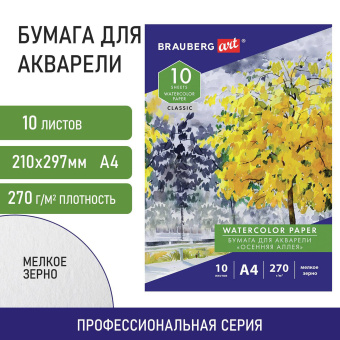Папка для акварели А4, 10 л., 270 г/м2, мелкое зерно, BRAUBERG ART CLASSIC, "Осенняя аллея", 114397 за 73 ₽. Альбомы и бумага для акварели и масла. Доставка по России. Без переплат!