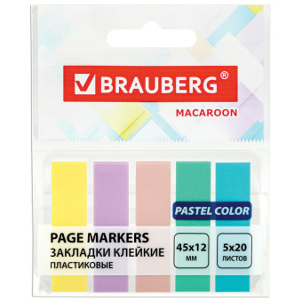 Закладки клейкие пастельные BRAUBERG MACAROON 45х12 мм, 100 штук (5 цветов х 20 листов), 115212 за 72 ₽. Закладки самоклеящиеся. Доставка по России. Без переплат!