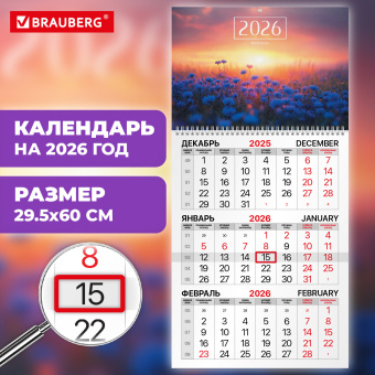 Календарь квартальный на 2026 г., 1 блок, 1 гребень, бегунок, мелованная бумага, BRAUBERG, "Васильковый луг", 116751 за 139 ₽. Календари настенные. Доставка по России. Без переплат!