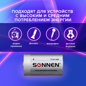 Батарейки КОМПЛЕКТ 2 шт, SONNEN Alkaline, D (LR20, 13А), алкалиновые, в блистере, 451091 за 270 ₽. Батарейки. Доставка по России. Без переплат!