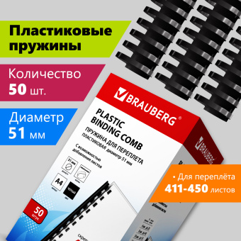 Пружины пластиковые для переплета, КОМПЛЕКТ 50 шт., 51 мм (для сшивания 411-450 л.), черные, BRAUBERG, 530934 за 1 504 ₽. Пружины для переплета. Доставка по России. Без переплат!