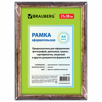 Рамка 21х30 см, пластик, багет 20 мм, BRAUBERG "HIT3", бронза с двойной позолотой, стекло, 390989 за 207 ₽. Рамки для дипломов, сертификатов, грамот, фотографий. Доставка по России. Без переплат!