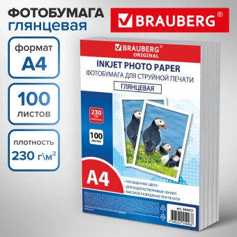 Фотобумага глянцевая, А4, 230 г/м2, односторонняя, 100 листов, ПАКЕТ, BRAUBERG ORIGINAL 364421 за 630 ₽. Фотобумага. Доставка по России. Без переплат!