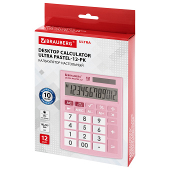 Калькулятор настольный BRAUBERG ULTRA PASTEL-12-PK (192x143 мм), 12 разрядов, двойное питание, РОЗОВЫЙ, 250503 за 884 ₽. Калькуляторы настольные. Доставка по России. Без переплат!