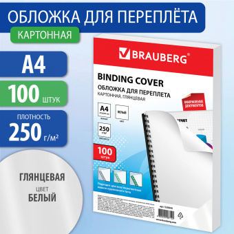 Обложки картонные для переплета, А4, КОМПЛЕКТ 100 шт., глянцевые, 250 г/м2, белые, BRAUBERG, 530840 за 1 433 ₽. Обложки для переплета. Доставка по России. Без переплат!