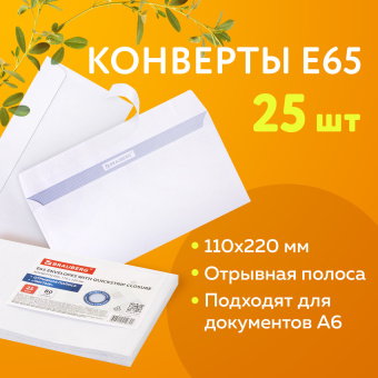 Конверты Е65 (110х220 мм), отрывная лента, 80 г/м2, КОМПЛЕКТ 25 шт., внутренняя запечатка, BRAUBERG, 122449 за 101 ₽. Конверты почтовые. Доставка по России. Без переплат!