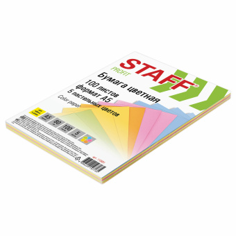 Бумага цветная STAFF "Profit" МАЛОГО ФОРМАТА (148х210 мм), А5, 80 г/м2, 100 л. (5цв. х 20 л.), цветная пастель, для офиса и дома, 110891 за 129 ₽. Бумага цветная форматная. Доставка по России. Без переплат!