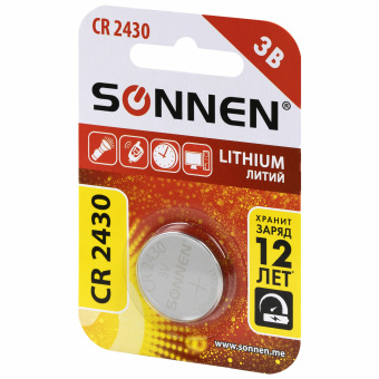 Батарейка литиевая SONNEN Lithium CR2430 "таблетка, дисковая, кнопочная" 1 шт., блистер, 455600 за 53 ₽. Батарейки. Доставка по России. Без переплат!