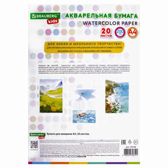 Бумага для акварели А4 в папке, 20 л., 200 г/м2, индивидуальная упаковка, BRAUBERG KIDS, "Я рисую мир", 115156 за 134 ₽. Альбомы и бумага для акварели и масла. Доставка по России. Без переплат!