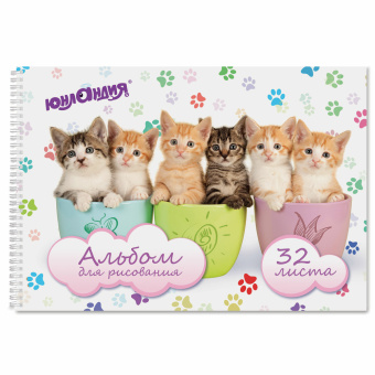 Альбом для рисования, А4, 32 листа, гребень, обложка картон, ЮНЛАНДИЯ, 205х290 мм, "Котики" (1 вид), 105077 за 79 ₽. Альбомы и папки для рисования. Доставка по России. Без переплат!