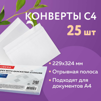 Конверты С4 (229х324 мм), отрывная лента, 100 г/м2, КОМПЛЕКТ 25 шт., BRAUBERG, 121852 за 224 ₽. Конверты почтовые. Доставка по России. Без переплат!