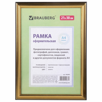 Рамка 21х30 см, пластик, багет 20 мм, BRAUBERG "HIT3", золото, стекло, 390990 за 207 ₽. Рамки для дипломов, сертификатов, грамот, фотографий. Доставка по России. Без переплат!