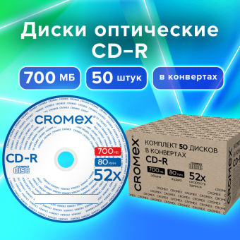 Диски CD-R в конверте КОМПЛЕКТ 50 шт., 700 Mb, 52x, CROMEX, 513797 за 1 431 ₽. Диски CD, DVD, BD (Blu-ray). Доставка по России. Без переплат!
