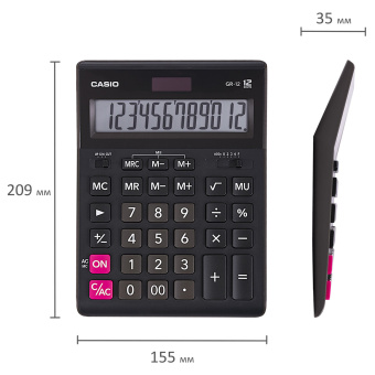 Калькулятор настольный CASIO GR-12-W (209х155 мм), 12 разрядов, двойное питание, черный, европодвес, GR-12-W-EP за 1 711 ₽. Калькуляторы настольные. Доставка по России. Без переплат!