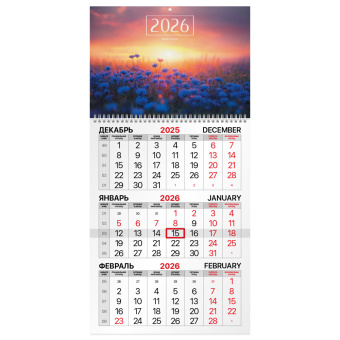Календарь квартальный на 2026 г., 1 блок, 1 гребень, бегунок, мелованная бумага, BRAUBERG, "Васильковый луг", 116751 за 139 ₽. Календари настенные. Доставка по России. Без переплат!