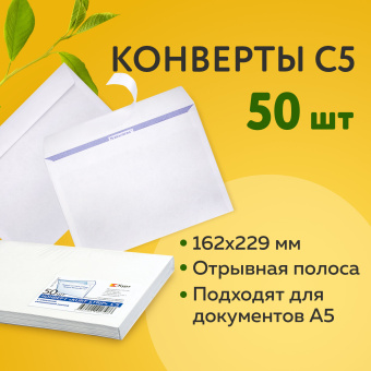 Конверты С5 (162х229 мм), отрывная лента, 80 г/м2, КОМПЛЕКТ 50 шт., внутренняя запечатка, С50.10.50С за 228 ₽. Конверты почтовые. Доставка по России. Без переплат!