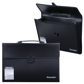 Папка-портфель пластиковая BRAUBERG А4+ (390х260х40 мм), 3 отделения, фактура линейная, черная, 221389 за 874 ₽. Портфели пластиковые. Доставка по России. Без переплат!