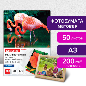 Фотобумага матовая БОЛЬШОГО ФОРМАТА, А3, 200 г/м2, односторонняя, 50 листов, BRAUBERG ORIGINAL, 363996 за 831 ₽. Фотобумага. Доставка по России. Без переплат!