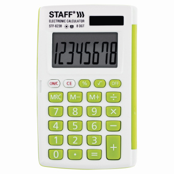 Калькулятор карманный STAFF STF-6238 (104х63 мм), 8 разрядов, двойное питание, БЕЛЫЙ С ЗЕЛЁНЫМИ КНОПКАМИ, блистер, 250283 за 430 ₽. Калькуляторы карманные. Доставка по России. Без переплат!