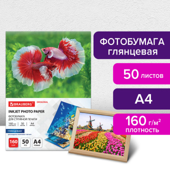 Фотобумага глянцевая, А4, 160 г/м2, односторонняя, 50 листов, BRAUBERG ORIGINAL, 363984 за 330 ₽. Фотобумага. Доставка по России. Без переплат!